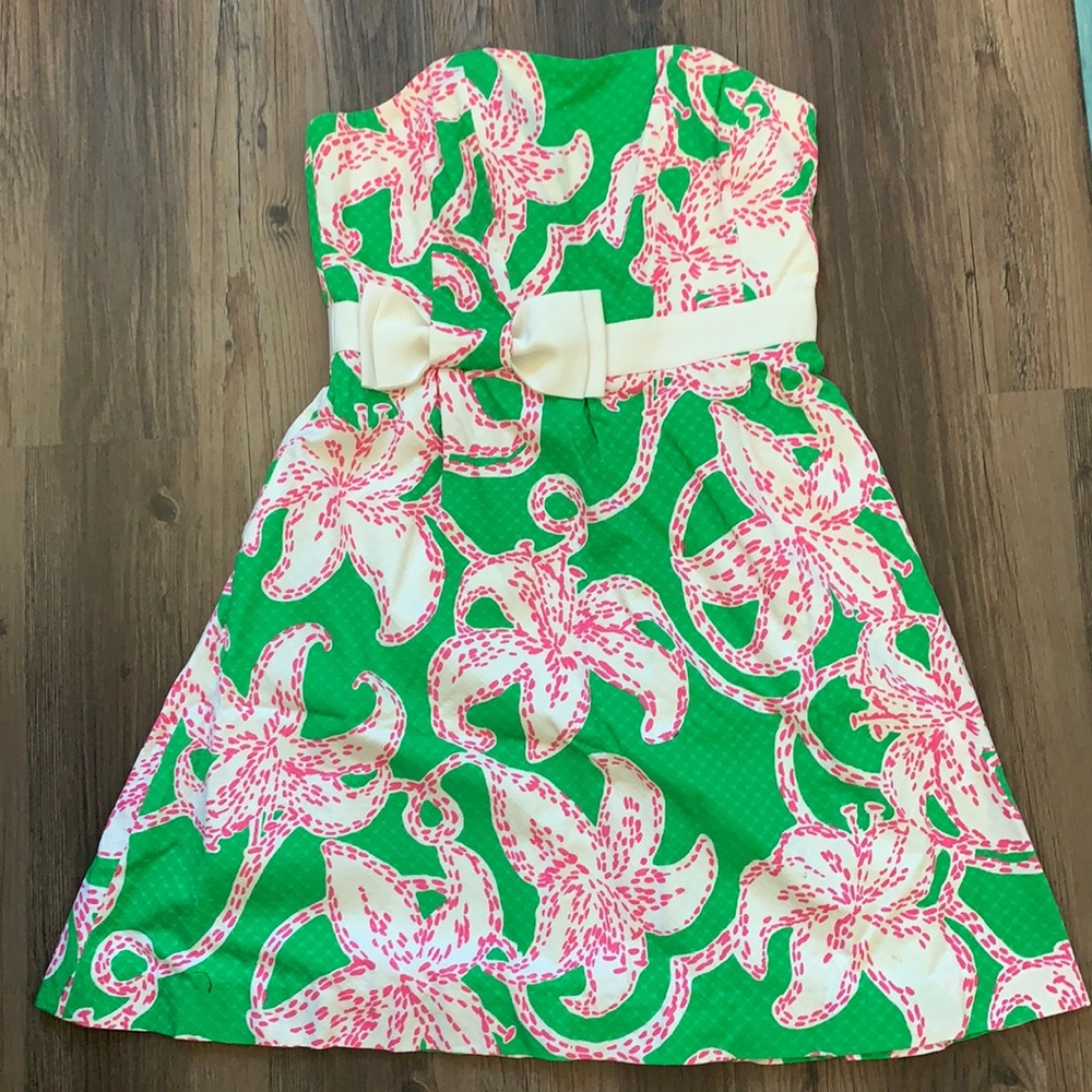 Lily Pulitzer pink and green strapless dress